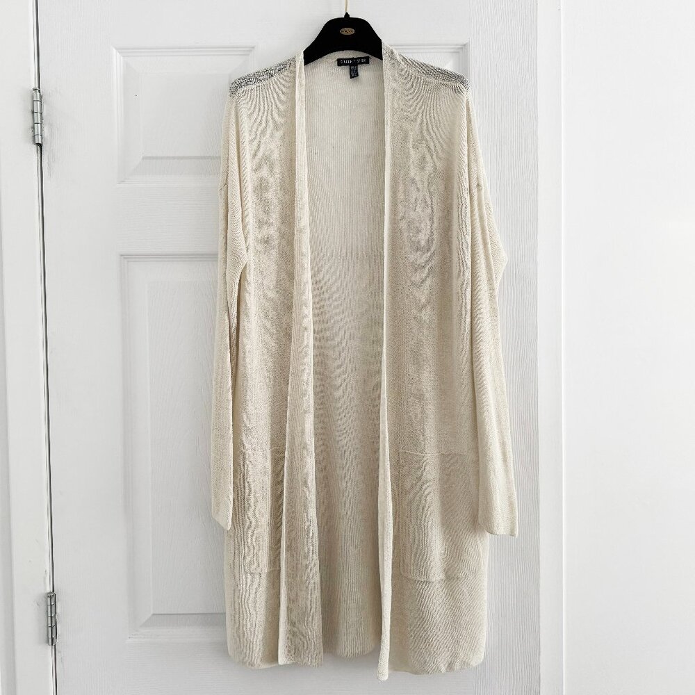 Eileen Fisher Long Linen Cardigan in Ivory, size XS
